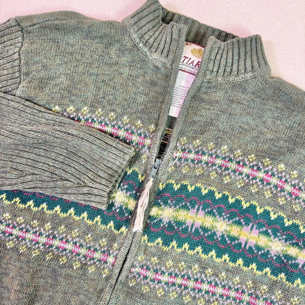 Vintage Tiara International Fair Isle Green Cardigan Womens L Mock Neck Cottage